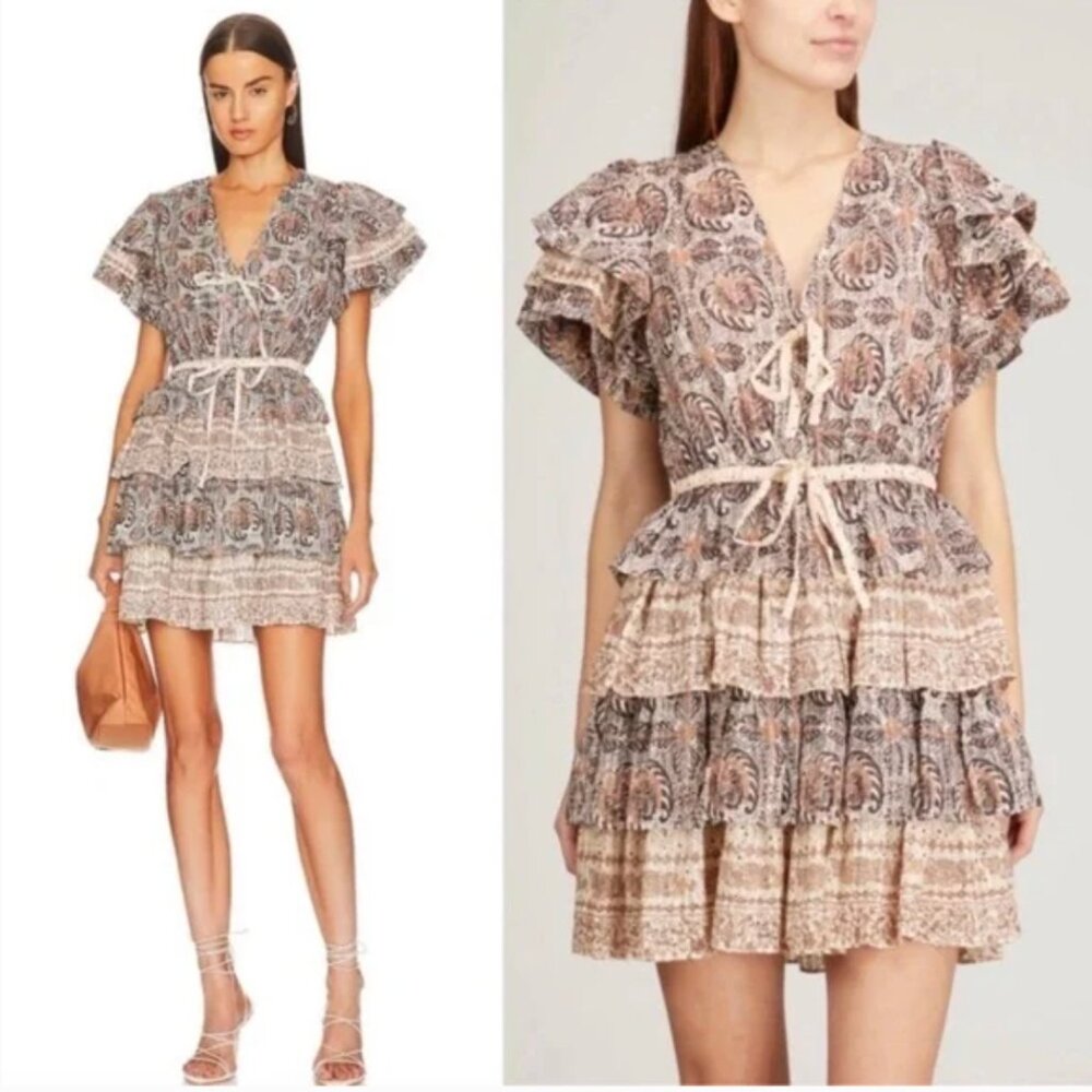 ULLA JOHNSON Kaitlyn Yarrow Tiered Flutter Ruffle Sleeve Mini Dress size 0